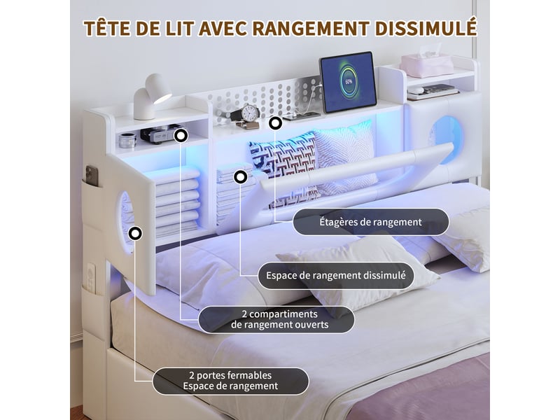 Lit coffre 140x200 cm - pu blanc - sommier à lattes - lit double - tête de lit avec led et ports usbtype-c  - Conforama E