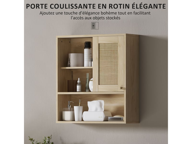  Armoire murale salle de bain, porte coulissante en rotin, bois naturel, 60 x 19,8 x 65 cm  - Conforama R