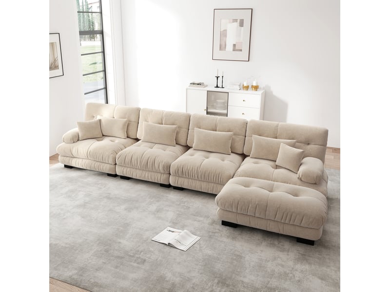  Canapé d’angle modulable 4 places en chenille café clair avec ottomans mobiles  - Conforama B