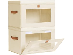 Lot de 2 bacs de rangement pliables en non-tissé beige avec fenêtre – organiseur pour vêtements et dressing