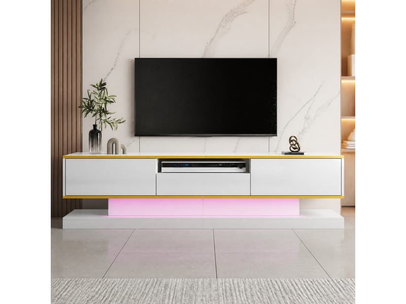 Meuble tv avec 3 tiroirs, niche ouverte et led pour salon 180×38×45 cm en panneaux de particules blanc et or  - Conforama B