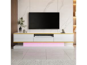 Meuble tv avec 3 tiroirs, niche ouverte et led pour salon 180×38×45 cm en panneaux de particules blanc et or