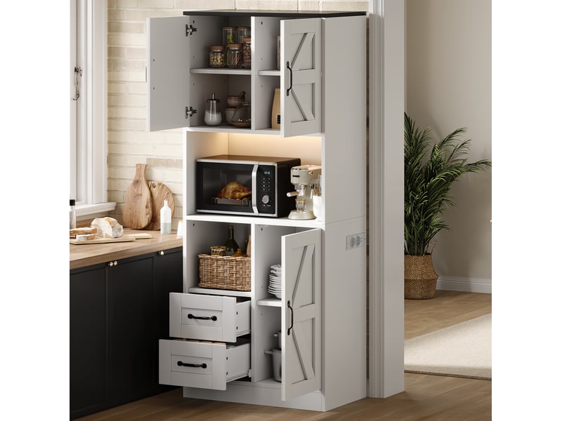 Buffet haut 72x40x173 cm avec 3 portes style grange et 2 tiroirs, led rgb et prises en mdf couleur blanc - Conforama D