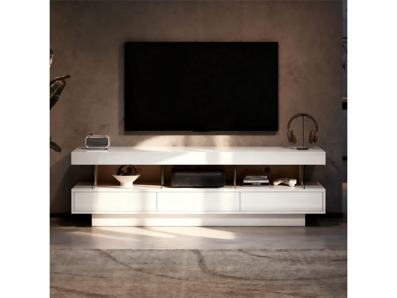  Meuble tv avec 3 niches en verre led bluetooth pour salon 160×38×50,5 cm en panneaux de particules blanc  - Conforama C