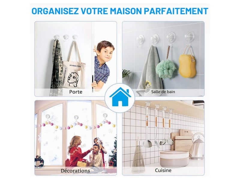  Lot de 4 ventouses avec crochet pour maison, 3 kg transparent | crochets à ventouse: pour salle de bains, cabine de douche, cuisine  - Conforama E