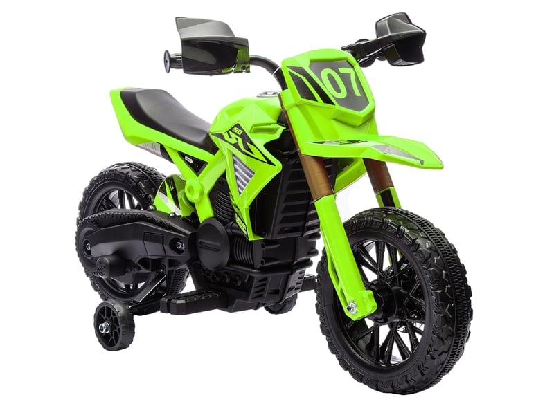  Moto électrique pour enfants de 3 ans et plus, batterie 12 v, avec stabilisateurs et klaxon, capacité de charge de 30 kg, verte  - Conforama A