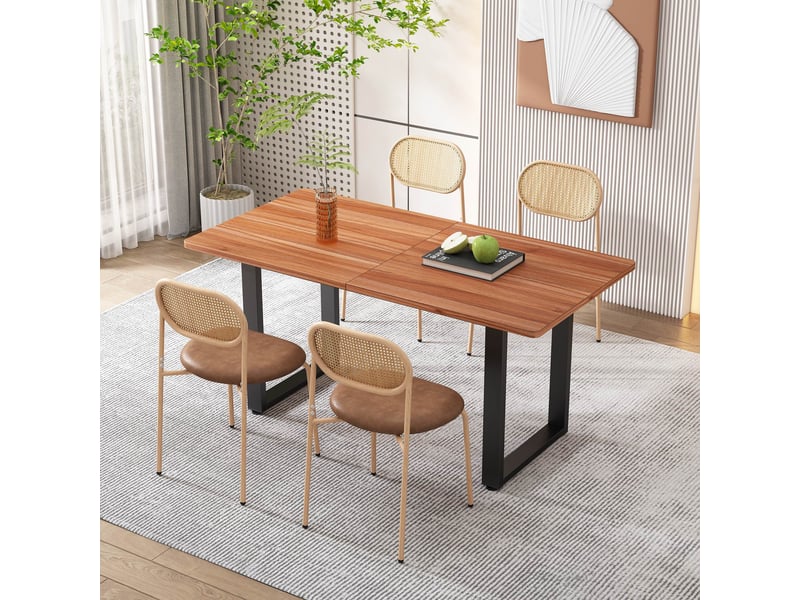  Lot de 2 chaises de salle à manger marron, dossier en rotin, assise pu et pieds métal  - Conforama E