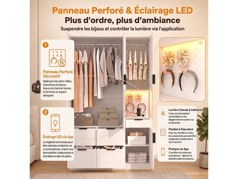  Armoire penderie avec éclairage led et tiroir à bijoux, 90x49x200 cm, blanc et chêne  - Conforama E