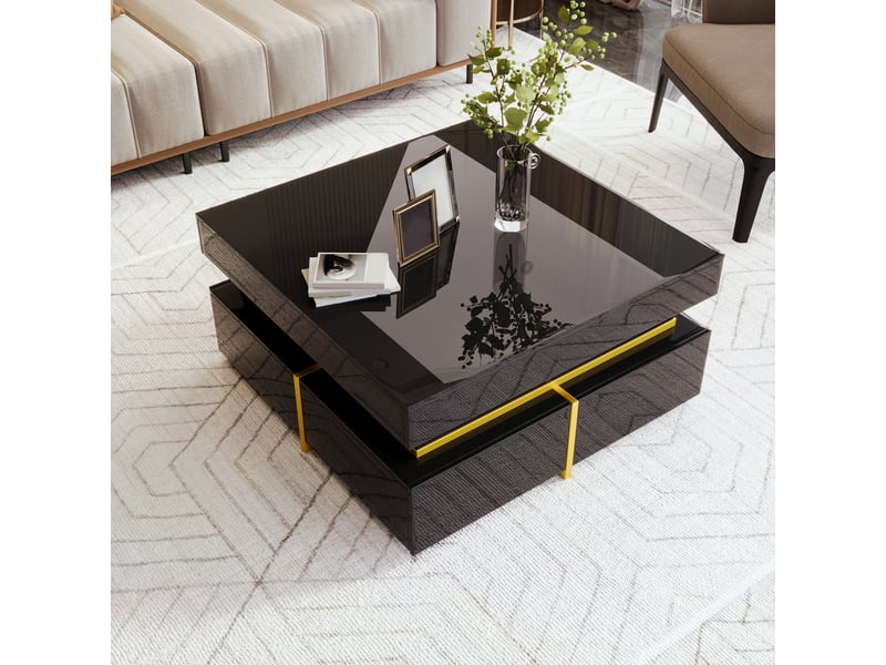  Table basse, table de salon laquée brillante, table d'appoint avec tiroirs et détails dorés  - Conforama B