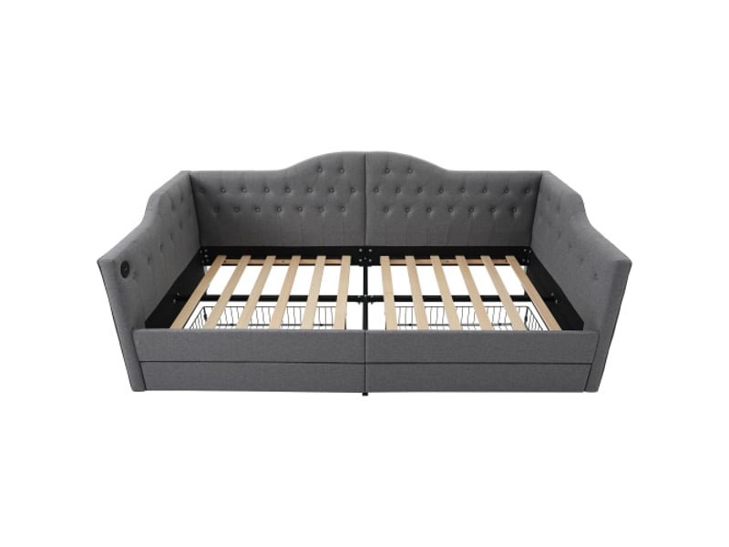 Canapé lit 90x200cm, lit adult lit 1 place avec usb, 2 tiroirs de rangement et sommier, velours gris, sans matelas - Conforama W