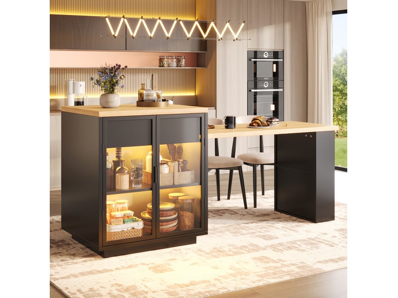  Îlot de cuisine extensible en table à manger 122 à 194,5 cm, led et usb, noir  - Conforama C