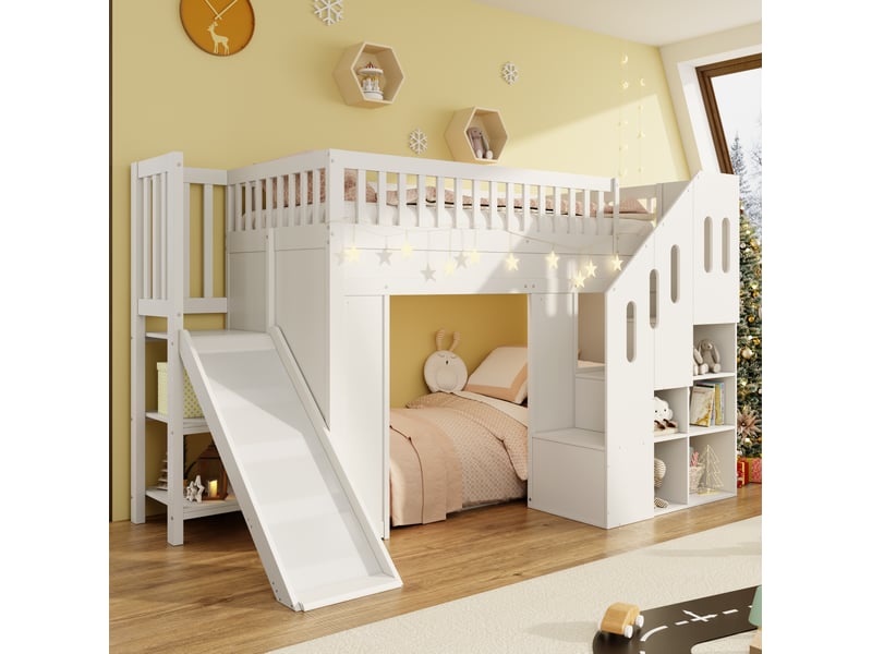  Lit mezzanine enfant 90x200 cm avec toboggan, escalier de rangement, garde-corps, led, pin et mdf, blanc, sans matelas  - Conforama B