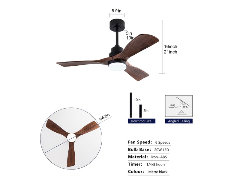  Ventilateur de plafond 107x107x34 cm noir et noyer foncé, abs avec lumière led et télécommande 6 vitesses  - Conforama C