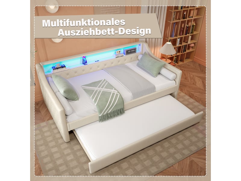  Lit de jour 90x200 cm lit banquette en lin beige avec lit gigogne extensible led et usb  - Conforama E