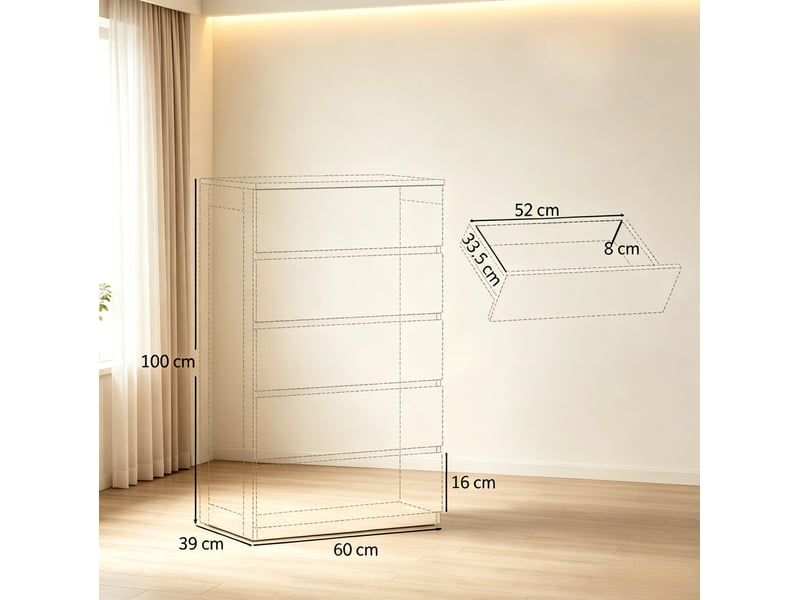  Commode moderne 60x39x100 cm avec 5 tiroirs, panneau de particules, finition lisse et brillante, blanc  - Conforama C
