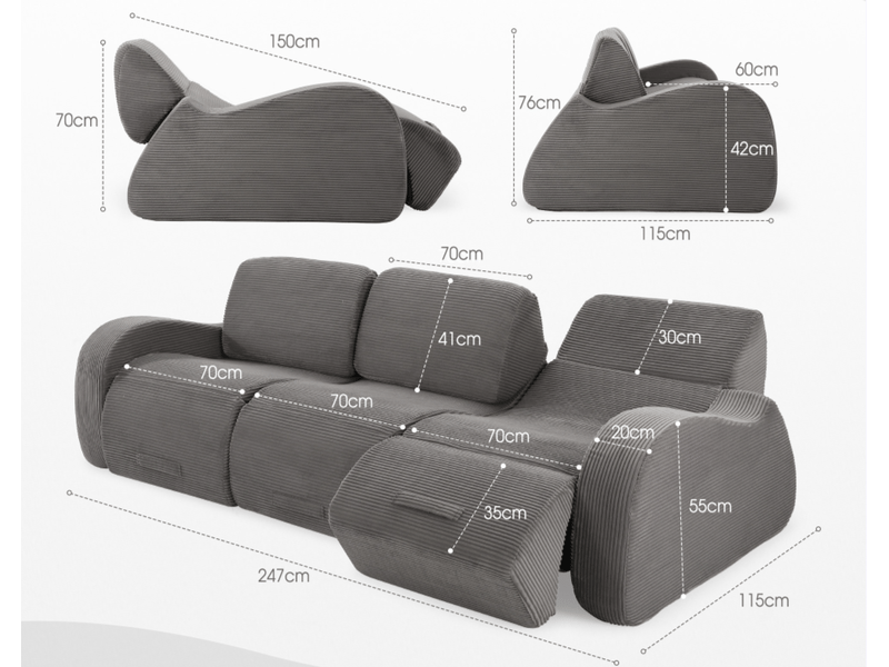  Canapé modulable convertible 3 places 247x115x76 cm compressé, mousse douce, velours côtelé couleur gris  - Conforama C