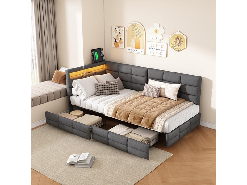  Lit 90x200cm - lit simple 90x200 - lit rembourré en l avec 2 tiroirs, éclairage led, ports usbtype-c - tissu en lin gris  - Conforama C