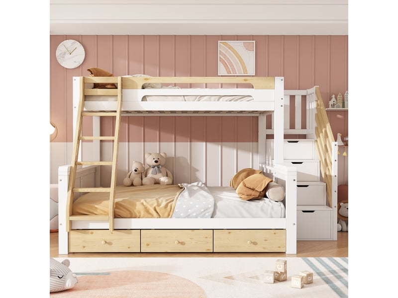  Lit superposé 90x200+140x200 cm, escalier de rangement, échelle, 3 tiroirs, bois, blanc et naturel, sans matelas  - Conforama B