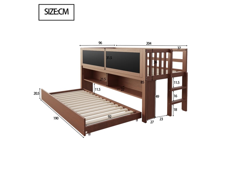  Lit enfant 90x200 cm avec échelle d'escalade, lit superposé en bois massif avec tableau noir, lit simple enfant, marron  - Conforama E