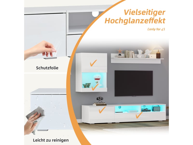  Meuble tv 3 pièces avec 3 portes et 2 niches led pour salon 175×39×34 cm blanc  - Conforama D