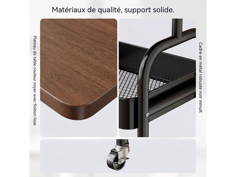  Chariot roulant multifonction 2 niveaux 43x30x45 cm cadre metal noir plateau bois  - Conforama D