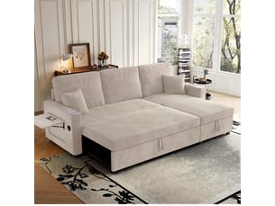 Canapé d'angle droit convertible <strong></strong> <strong>OMNIGLINT TRADING LTD</strong> 3 places Velours côtelé beige avec coffre de rangement