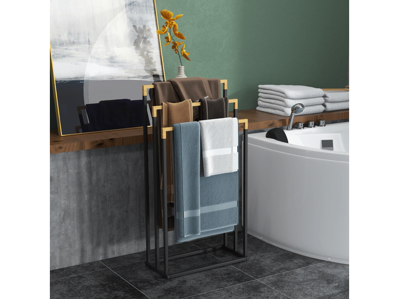 Porte-serviettes en bambou et acier sur pieds avec 3 barres de support pour serviette 45x22,5x86cm noir et naturel - Conforama D