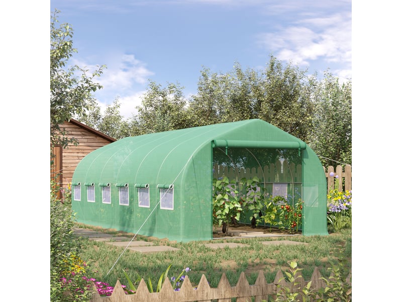  Serre tunnel extérieur 6x3x2 m, 12 fenêtres, porte enroulable zip métallique, plantes.  - Conforama C