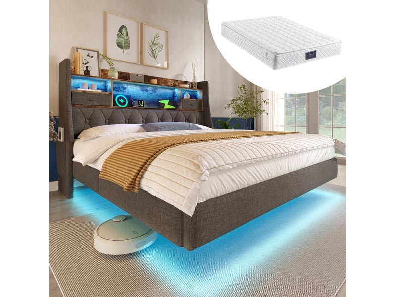  Lit double, lit 2 personnes 160x200 cm, rangement intégré, tête de lit avec rangement, led, usbusb-c, matelas inclus, lin gris  - Conforama A