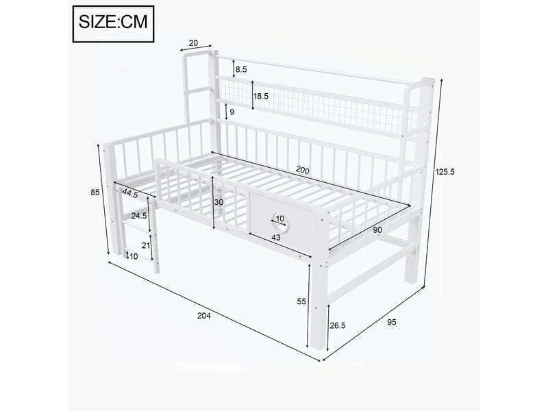  Lit enfant surélevé 90*200 cm en métal avec étagères, barrières de sécurité, rangements, blanc  - Conforama B