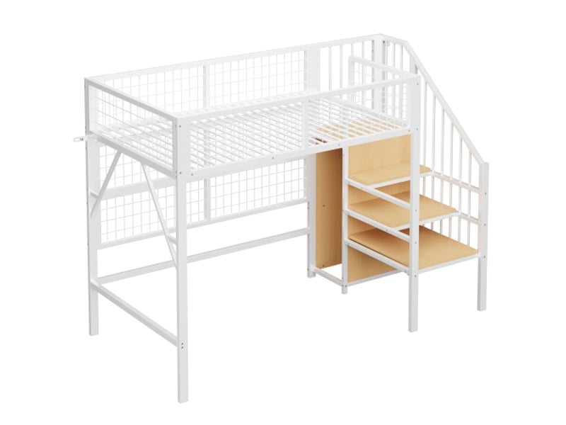 Lit mezzanine 90x200 cm, lit enfant avec led, escalier avec rangement et armoire ouverte, en métal, blanc, sans matelas - Conforama E