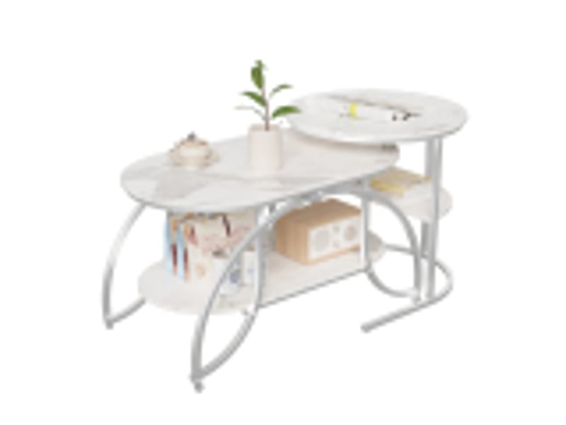  Lot de 2 tables basses 80x46x45 cm, table gigogne design marbre, avec espace de rangement, cadre en métal, pour canapé, salon, chambre (argent + blanc)  - Conforama A