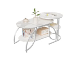 Lot de 2 tables basses 80x46x45 cm, table gigogne design marbre, avec espace de rangement, cadre en métal, pour canapé, salon, chambre (argent + blanc)