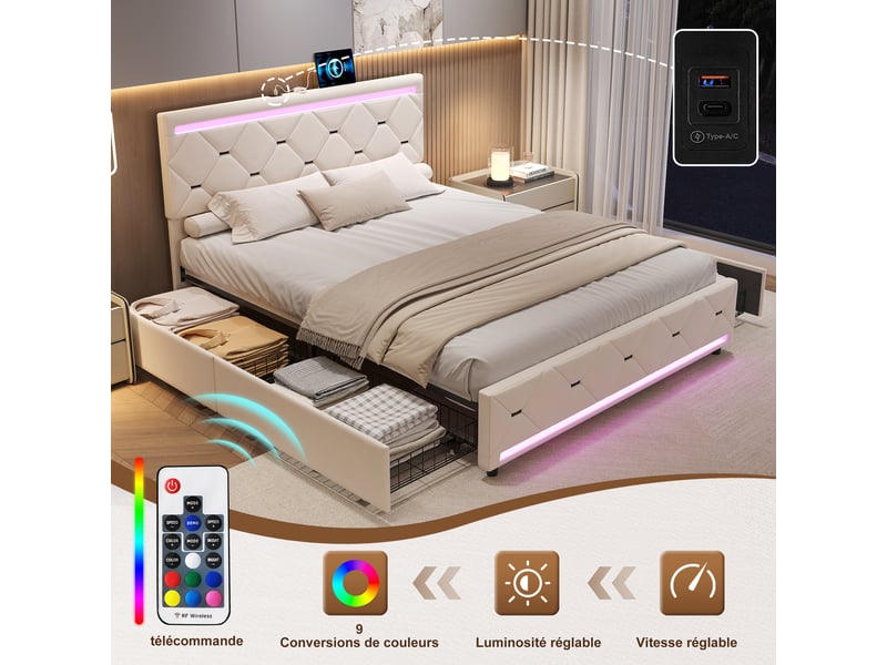  Lit double 160x200 cm,lit capitonné avec led et usb, lit rembourré avec 4 tiroirs de rangement,lit 160x200,velours,beige  - Conforama E