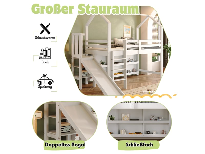  Lit mezzanine enfant 90x200 cm – blanc – toboggan, escalier et rangements intégrés – sans matelas  - Conforama E