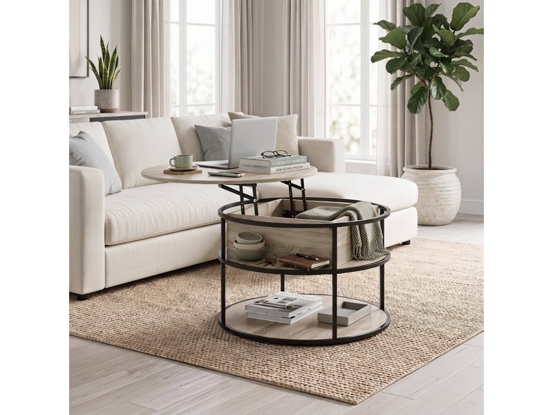  Table basse ronde avec plateau relevable, rangement, étagères latérales, structure en acier, table de salon, chêne  - Conforama B