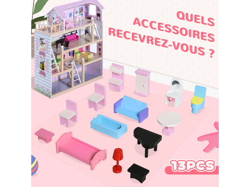  Maison de poupée en bois jeu d'imitation 4 étages pour 3+ ans avec 13 accessoires grand réalisme multi-équipement blanc et rose 60l x 30l x 80h cm  - Conforama R