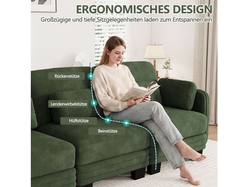  Canapé droit modulable 4 places 330x88x88 cm, coussins lombaires, design ergonomique, chenille vert  - Conforama E