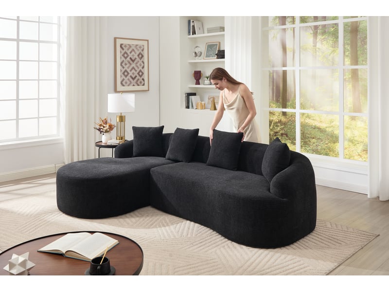  Canapé d'angle modulable avec méridienne gauche en l, chenille noire, sans montage, design courbé  - Conforama D