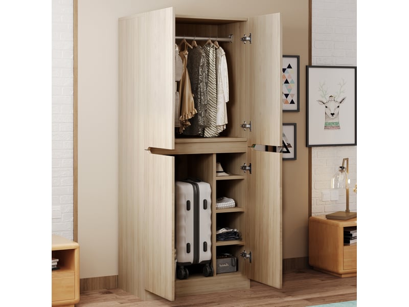  Armoire 2 portes avec penderie, grand compartiment bas et niche latérale pour chambre, bois naturel, 70 × 40 × 170 cm  - Conforama B