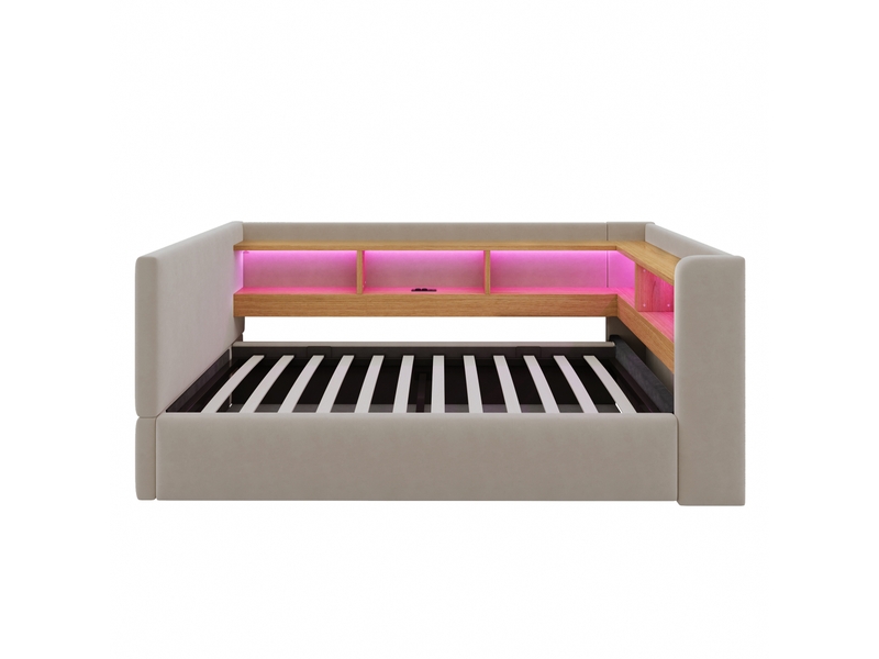 Canapé - lit 90×190 cm avec rangement hydraulique, équipé de lampes led, prises électriques et treillis de rangement, gris foncé - Conforama A