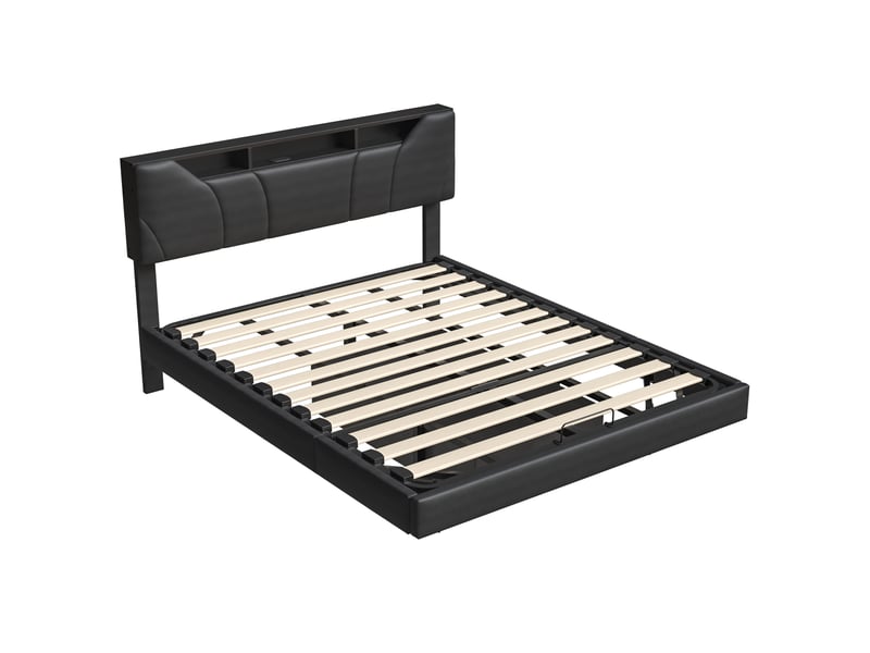  Lit double coffre - 140 x 200 cm-noir - en similicuir pu, avec tête de lit de rangement, éclairage led, prises et vérins hydrauliques  - Conforama A