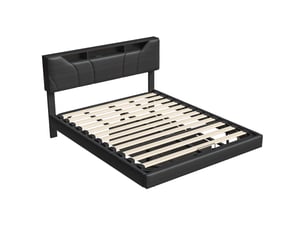 Lit double coffre - 140 x 200 cm-noir - en similicuir pu, avec tête de lit de rangement, éclairage led, prises et vérins hydrauliques