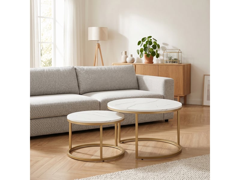  Lot de 2 tables basses gigognes empilable design industriel plateau imitation ciment pieds en métal blanc  - Conforama A