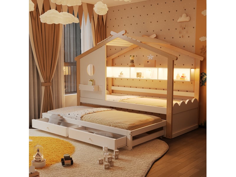 Lit enfant cabane avec lit gigogne, tiroirs, led et ports usb et type-c, en bois blanc et naturel - Conforama B
