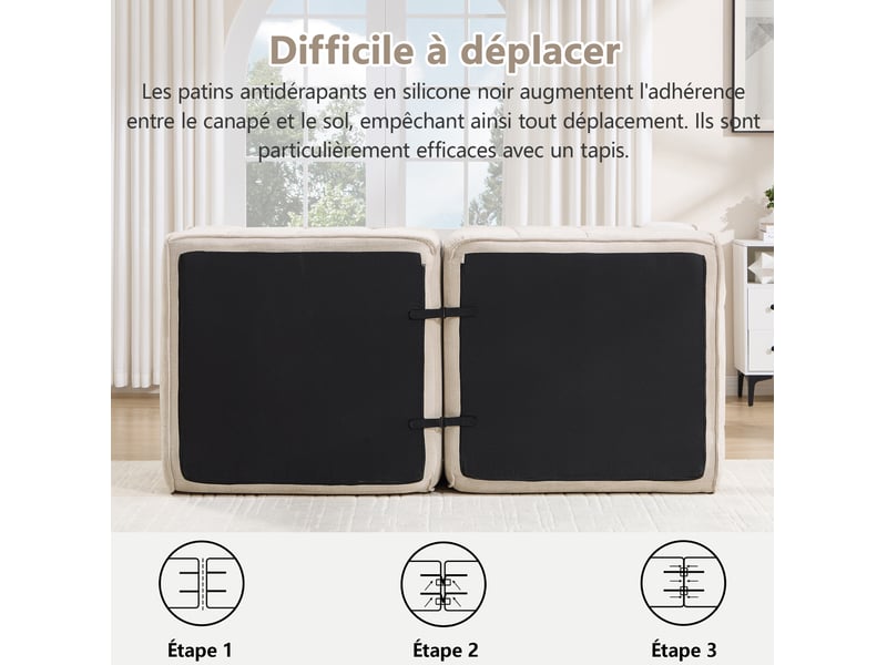  Canapé d'angle modulable 2 places avec pouf, en polyester beige  - Conforama E