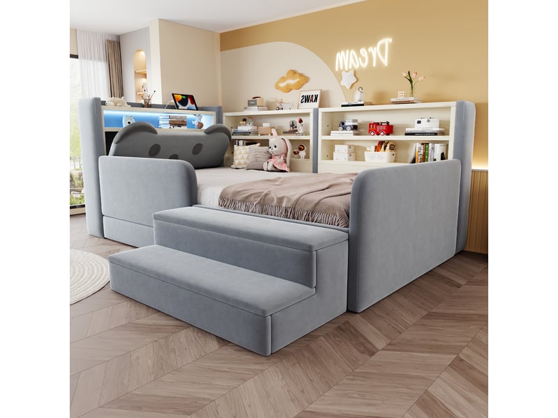  Lit enfant rembourré 90x200 cm, lit avec rangement, led et usb, tête de lit ours avec étagères, tiroir et repose-pieds amovible, velours gris clair  - Conforama C