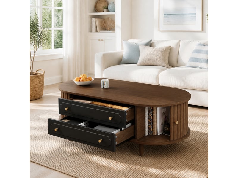  Table basse de salon – aspect noyer et noir – 2 tiroirs, 2 portes à rideau – 100 x 50 x 36 cm  - Conforama C