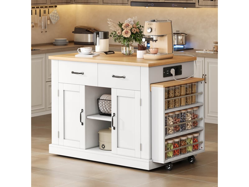 Desserte îlot de cuisine avec table extensible 132(235)x70x90 cm, mdf blanc, prises+usb  - Conforama W