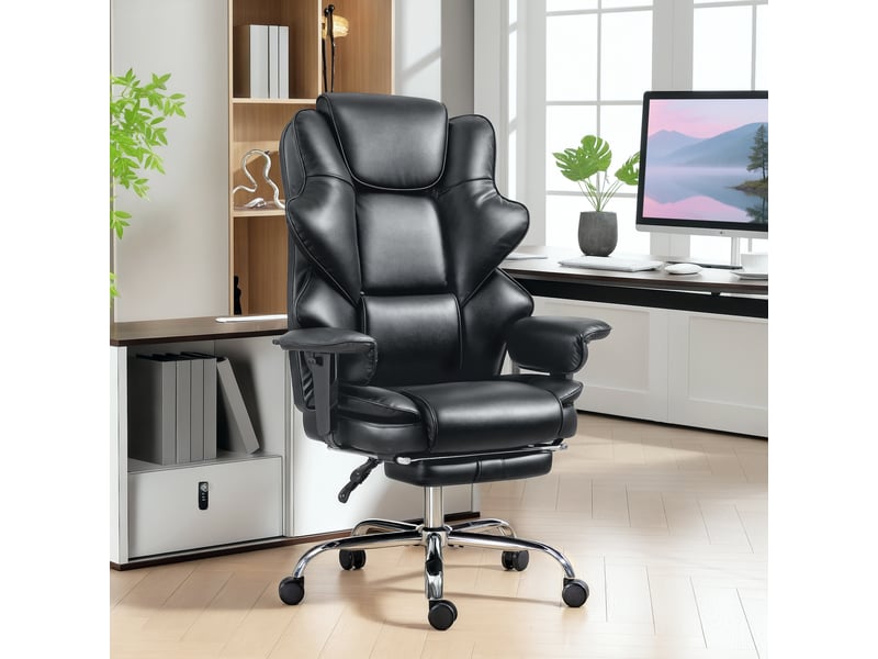  Chaise de bureau avec repose-pieds et appui-tête, cuir pu, mousse et métal, 76 x 73 x 117-125 cm, noire  - Conforama D
